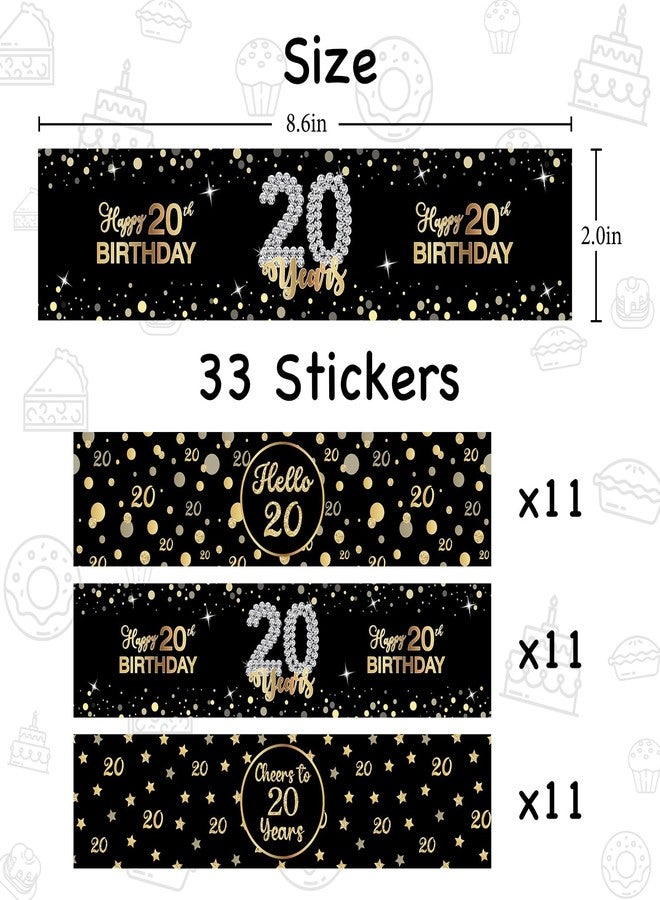WIDEIDEAL 33Pcs Happy 20th Birthday Water Bottle Labels Cheers to 20 Years Stickers for 20th Birthday Anniversary Party Decorations Labels Sign Black - Image 2